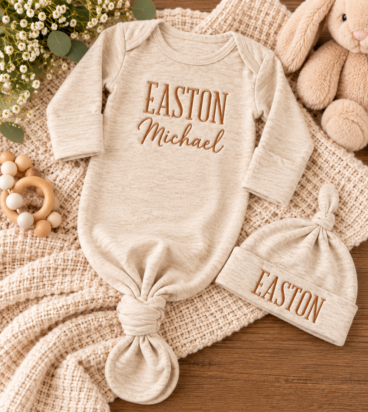 Personalized Infant Knotted Gown & Hat Set