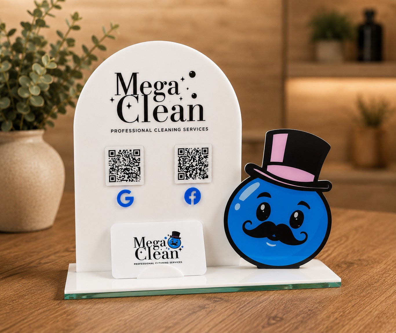 Detailed QR Sign with Side Piece Business Logo and Card Holder