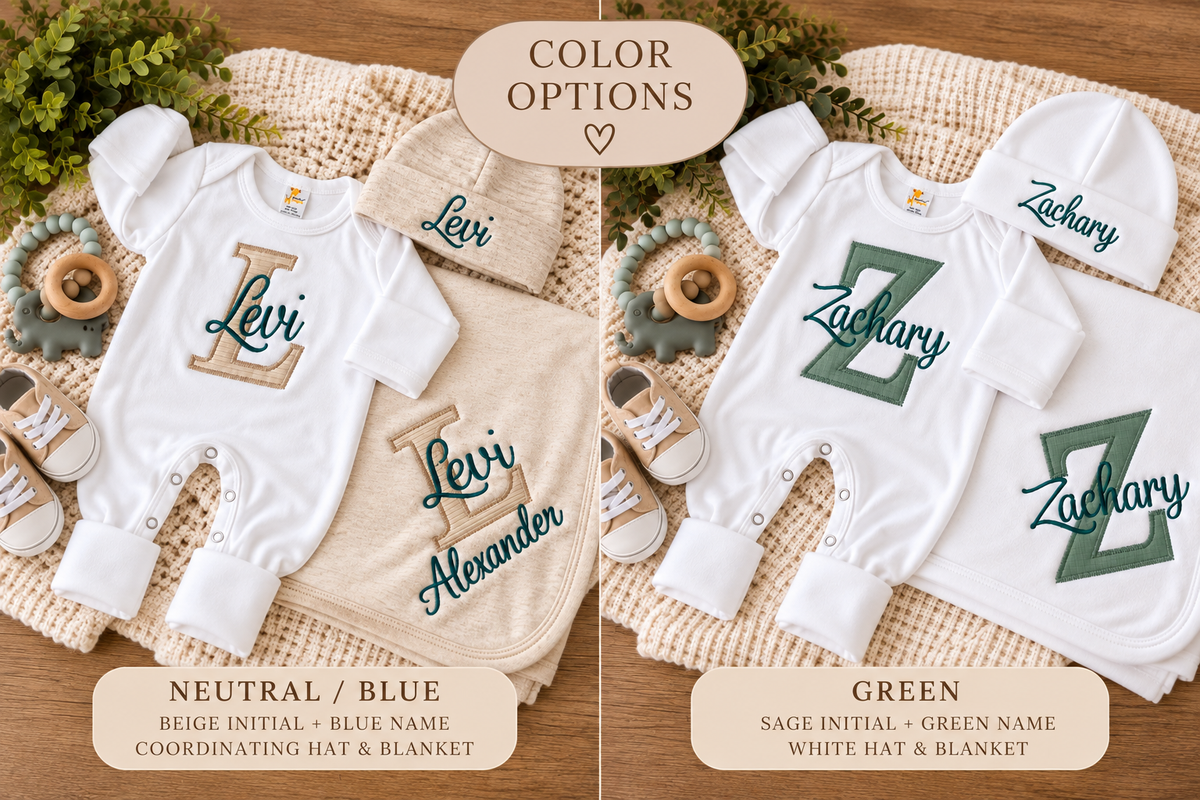 Personalized Newborn Romper, Hat & Blanket Set