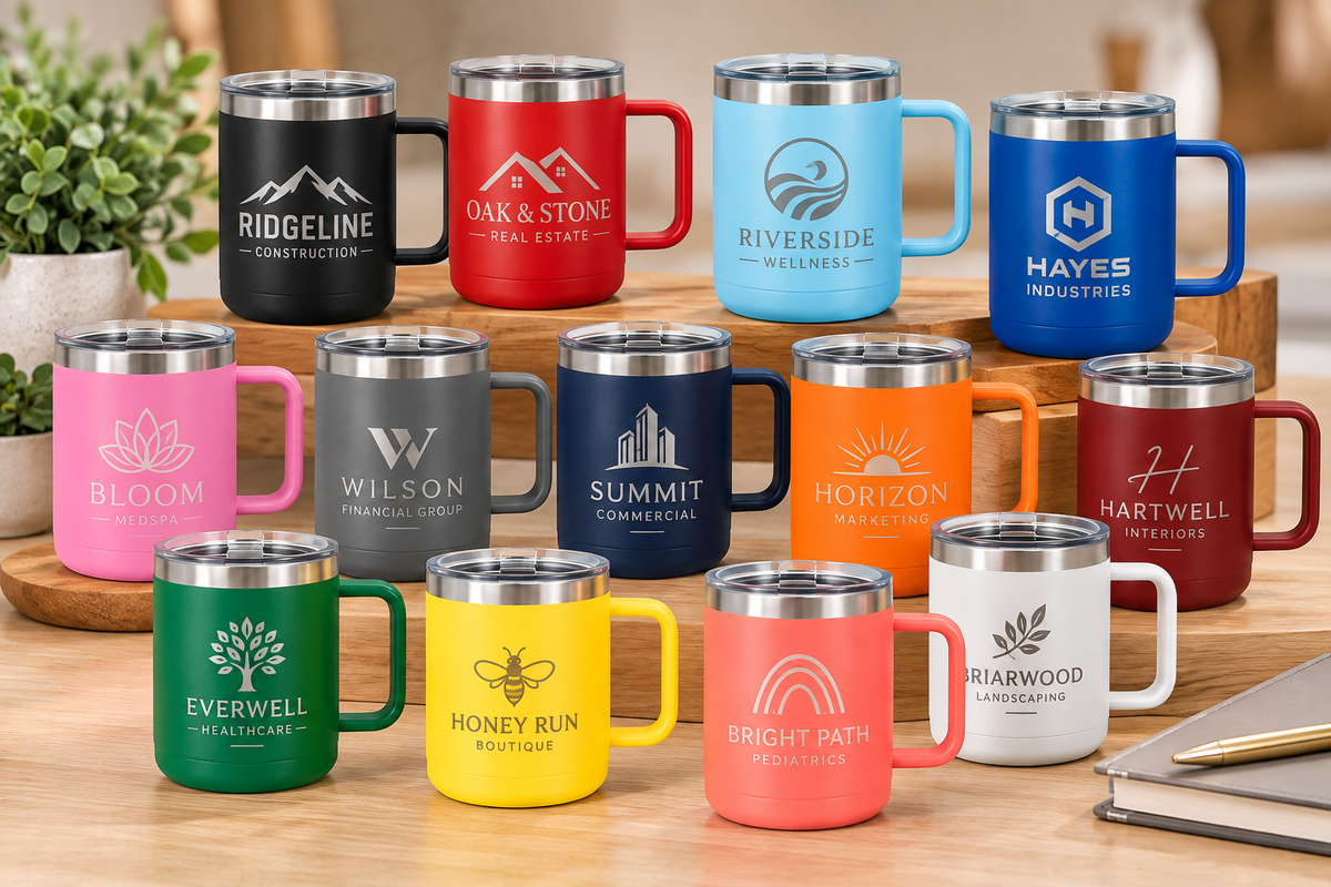Custom 15 oz Coffee Tumblers with Handle | Engraved Mugs