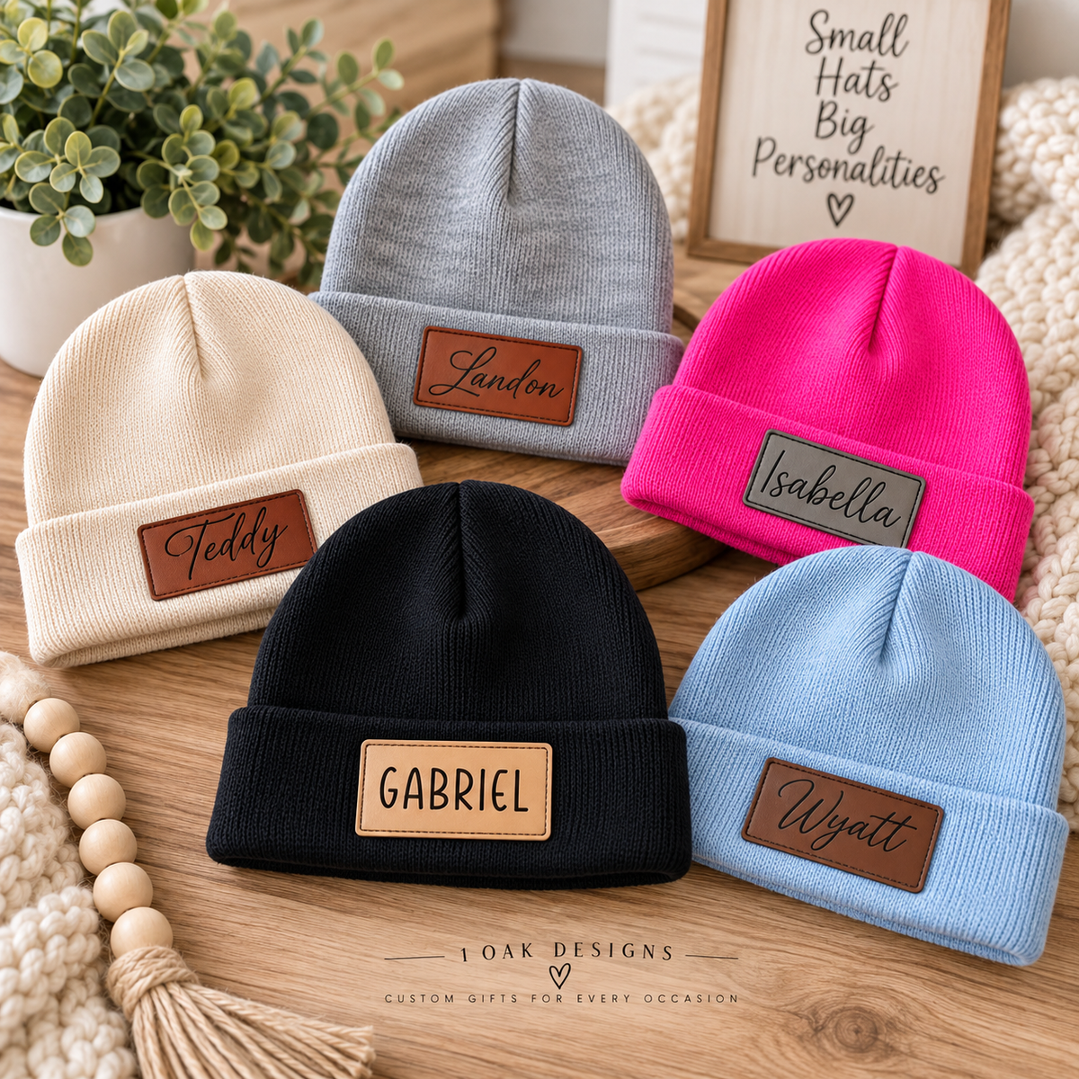 Personalized Kids Beanie with Leatherette Name Patch