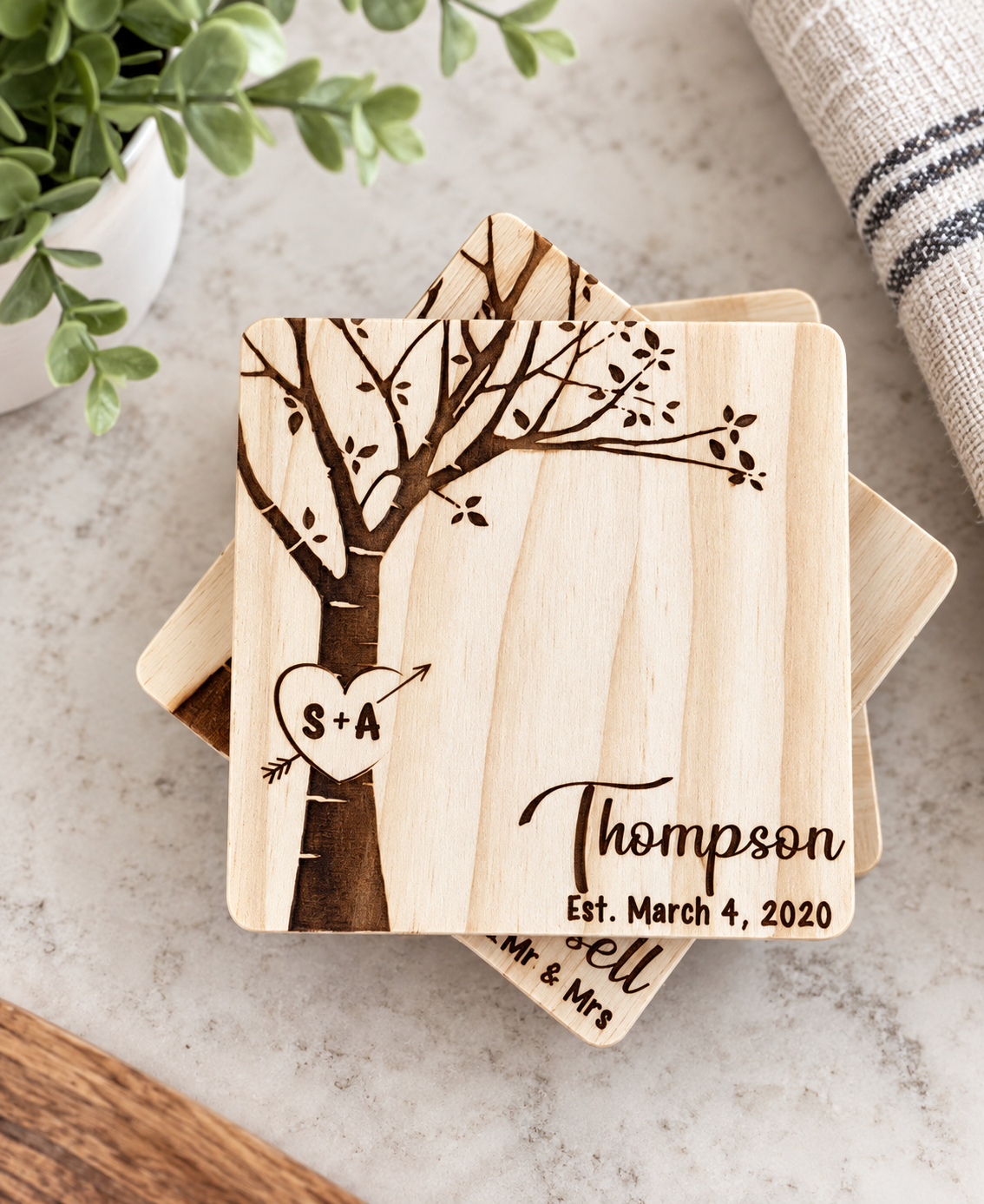 Personalized Couples Coasters – Engraved Tree Initials