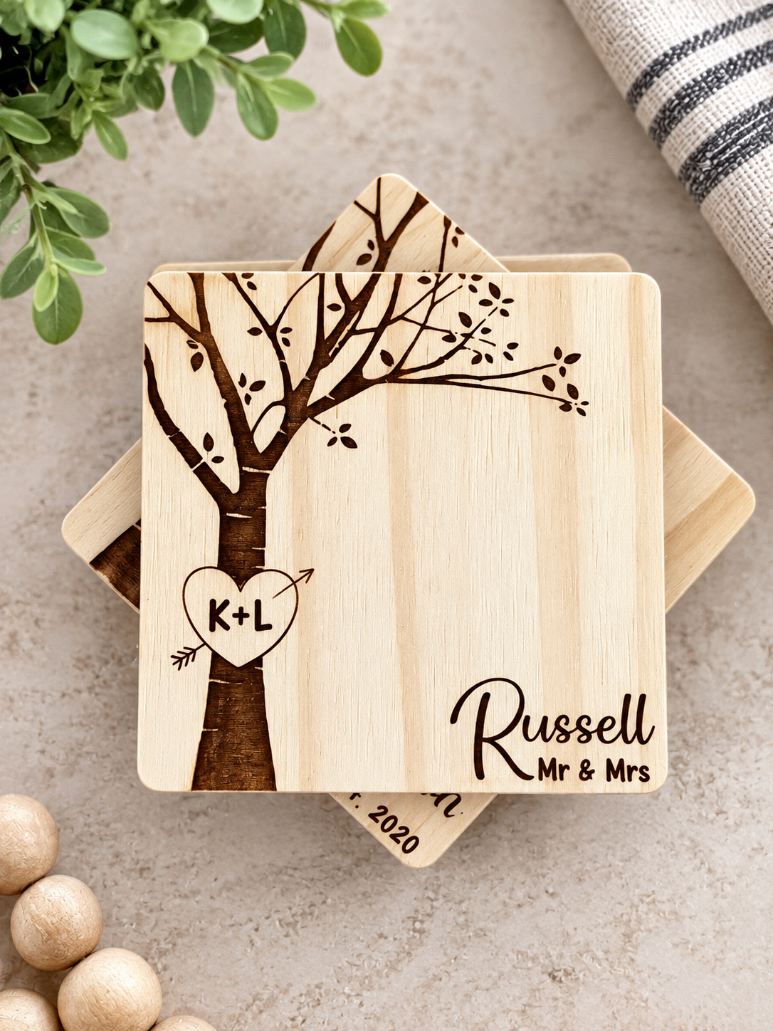 Personalized Couples Coasters – Engraved Tree Initials