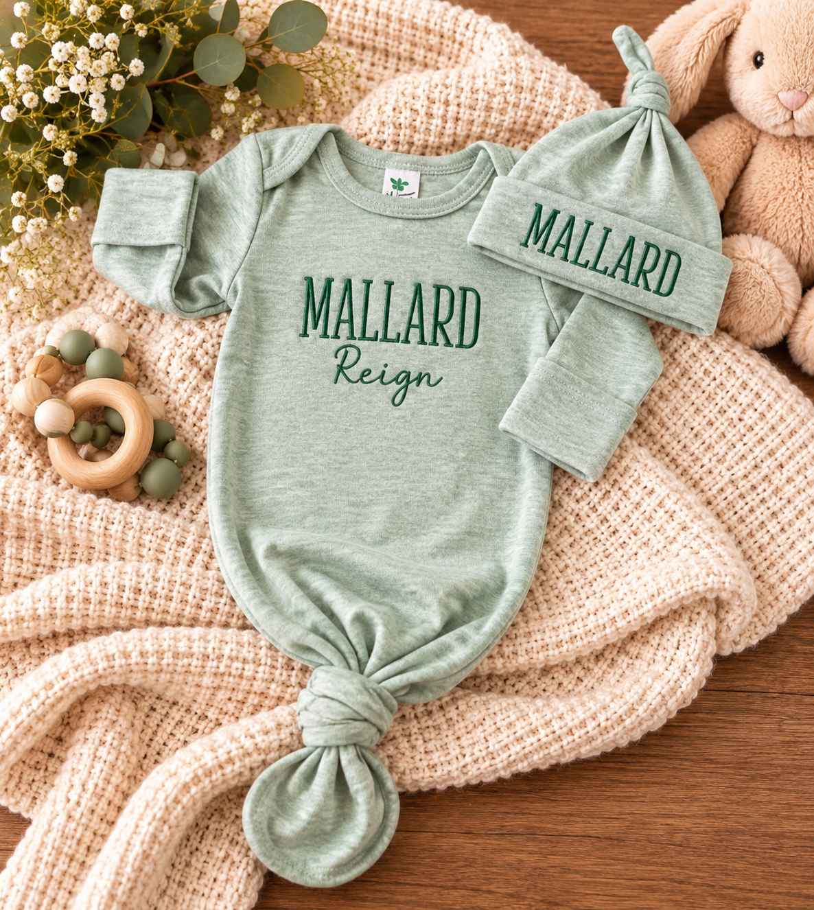 Personalized Infant Knotted Gown & Hat Set