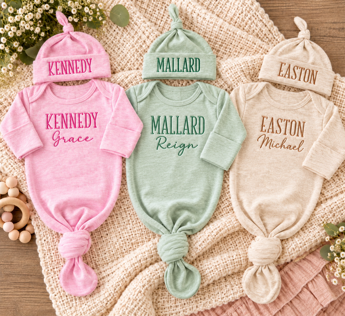 Personalized Infant Knotted Gown & Hat Set