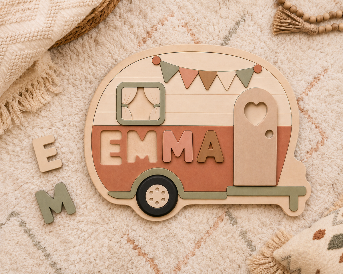 Retro Camper Name Puzzle SVG | Kids Laser Cut File