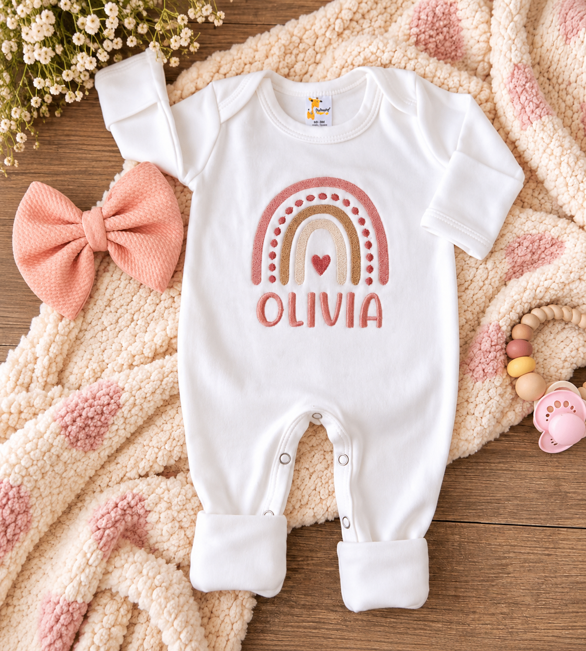Personalized Rainbow Newborn Romper & Bow