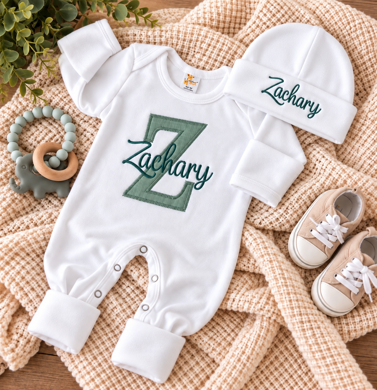 Personalized Newborn Romper, Hat & Blanket Set
