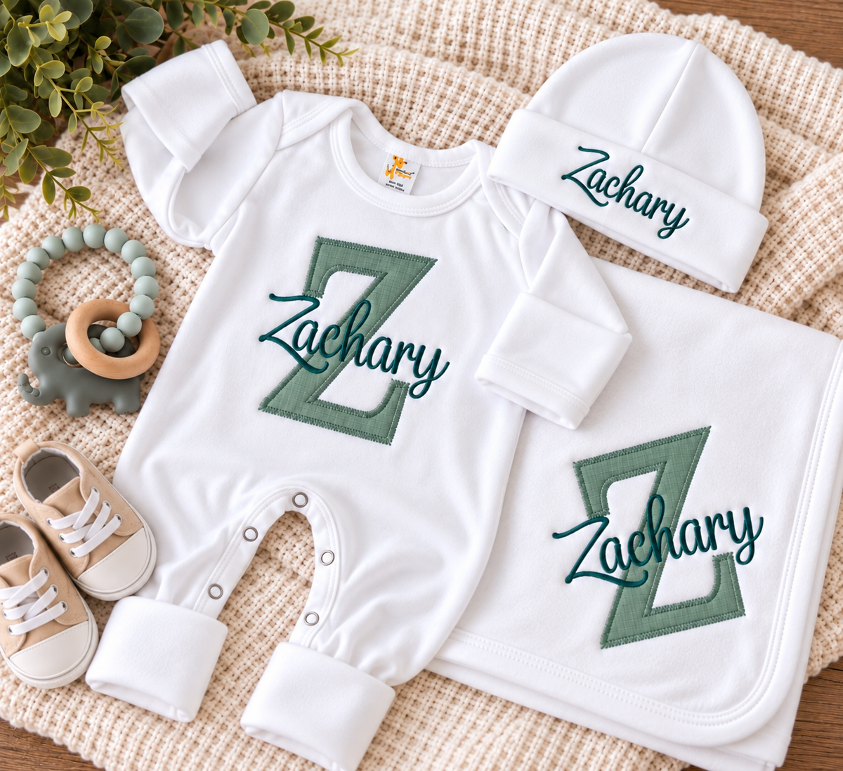 Personalized Newborn Romper, Hat & Blanket Set