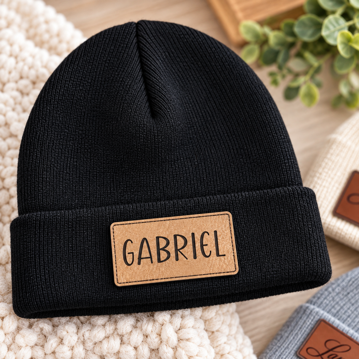 Personalized Kids Beanie with Leatherette Name Patch