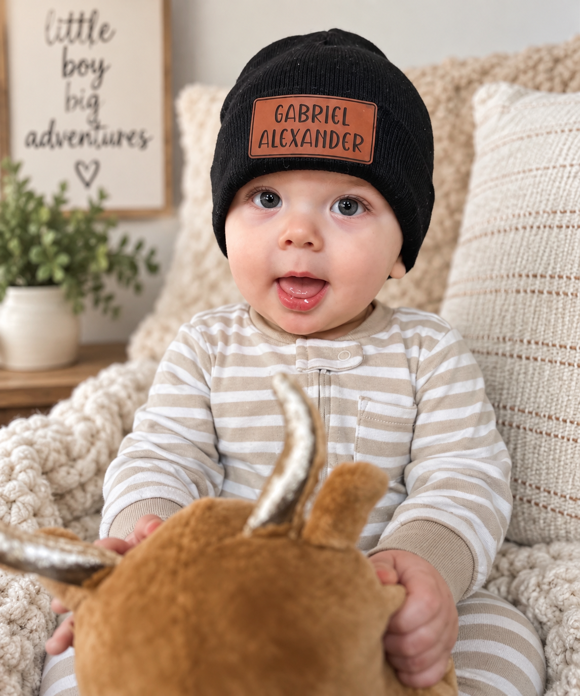 Personalized Kids Beanie with Leatherette Name Patch
