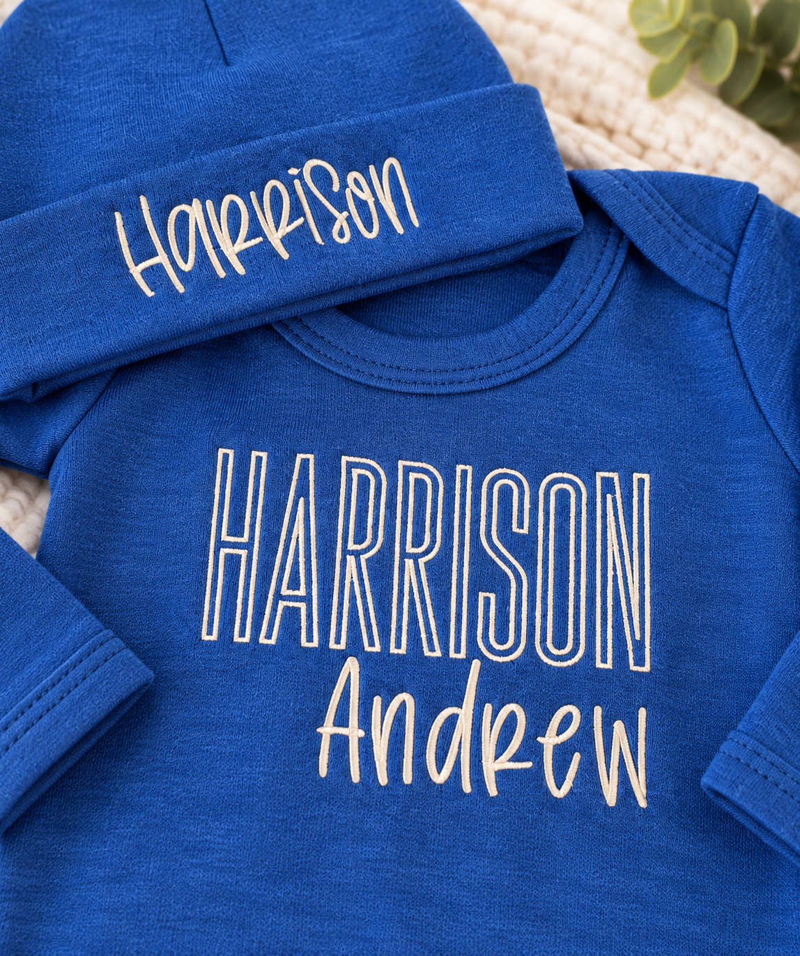 Personalized Denim Heather Blue Newborn Romper & Beanie