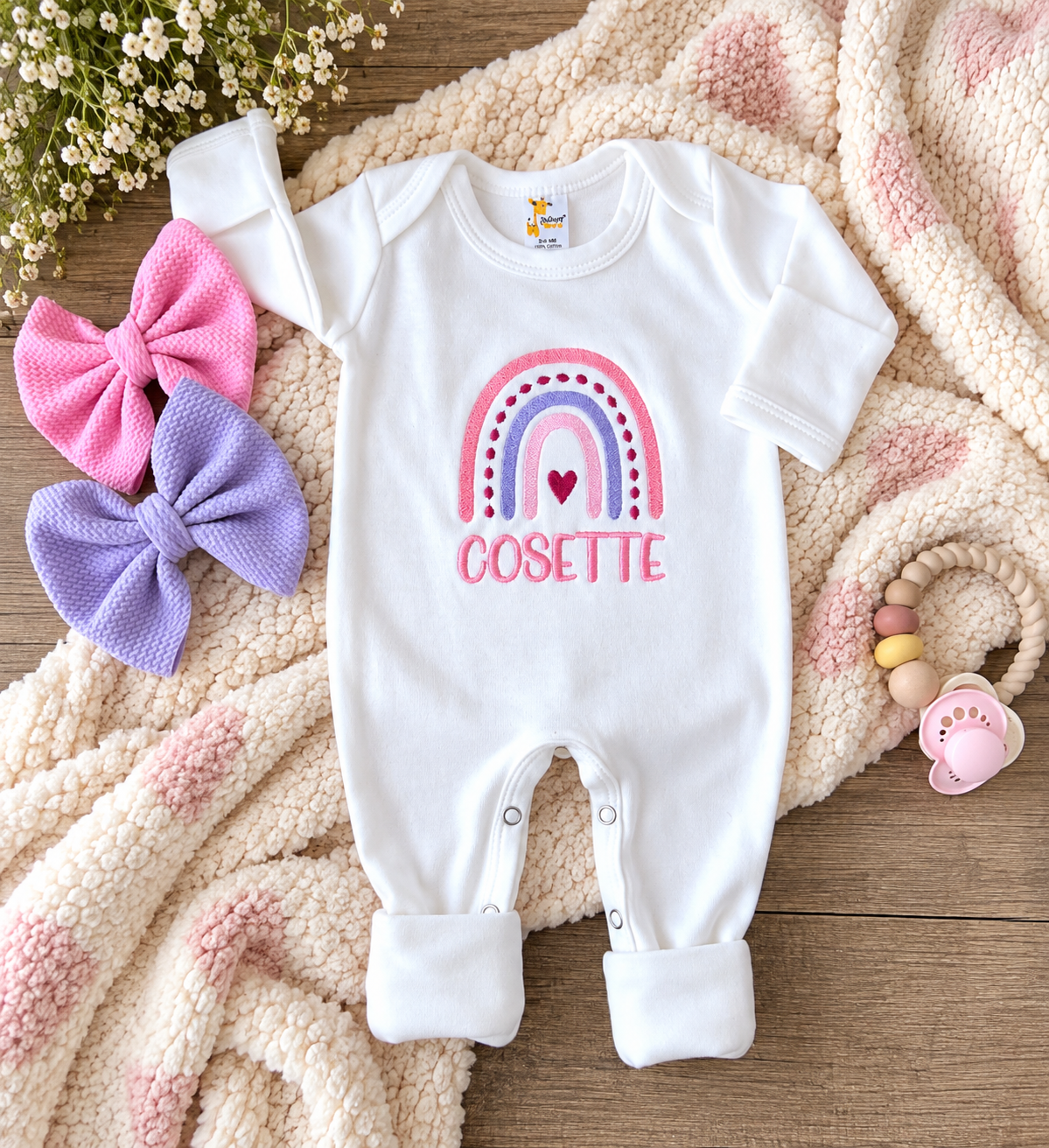 Personalized Rainbow Newborn Romper & Bow