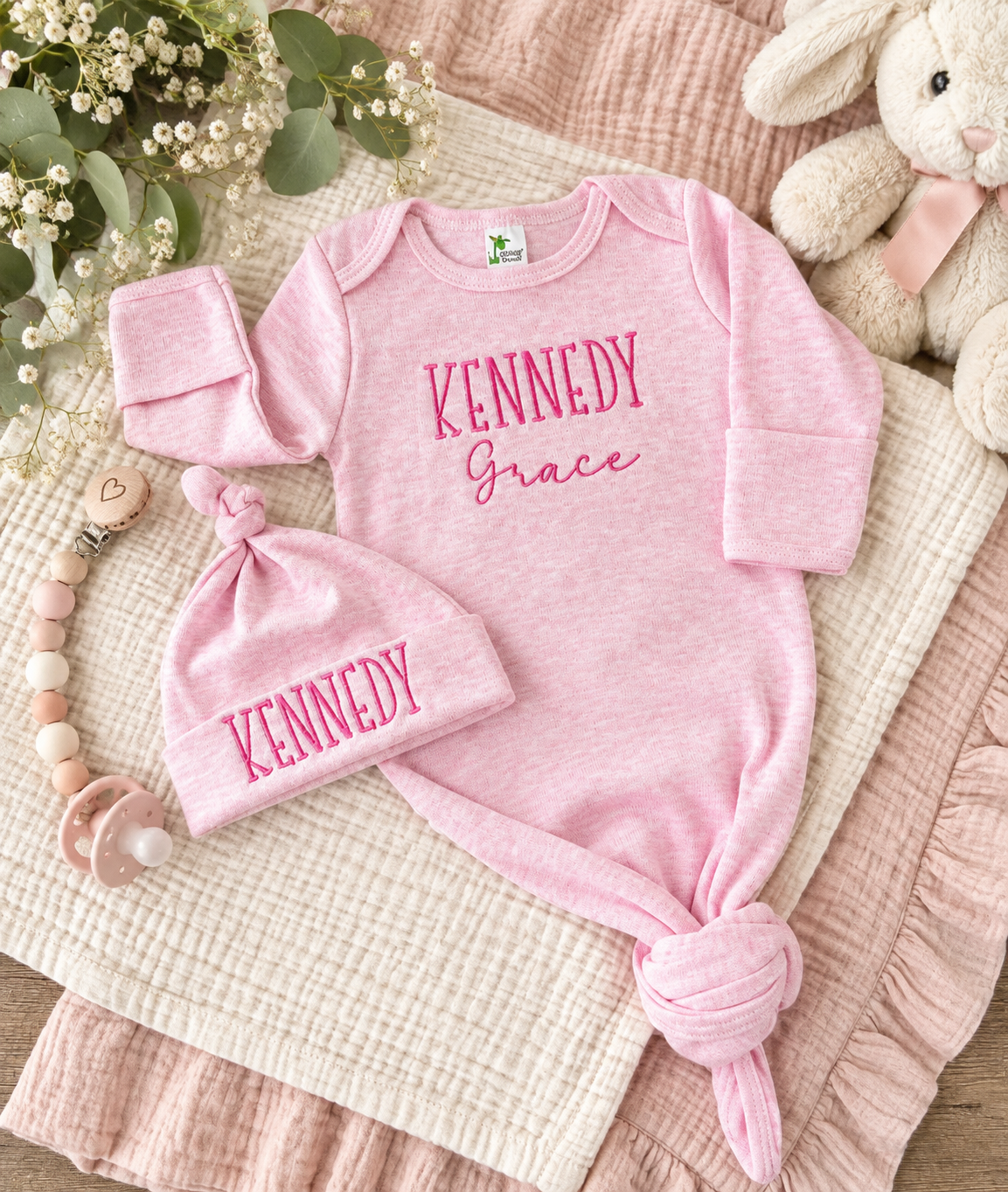 Personalized Infant Knotted Gown & Hat Set