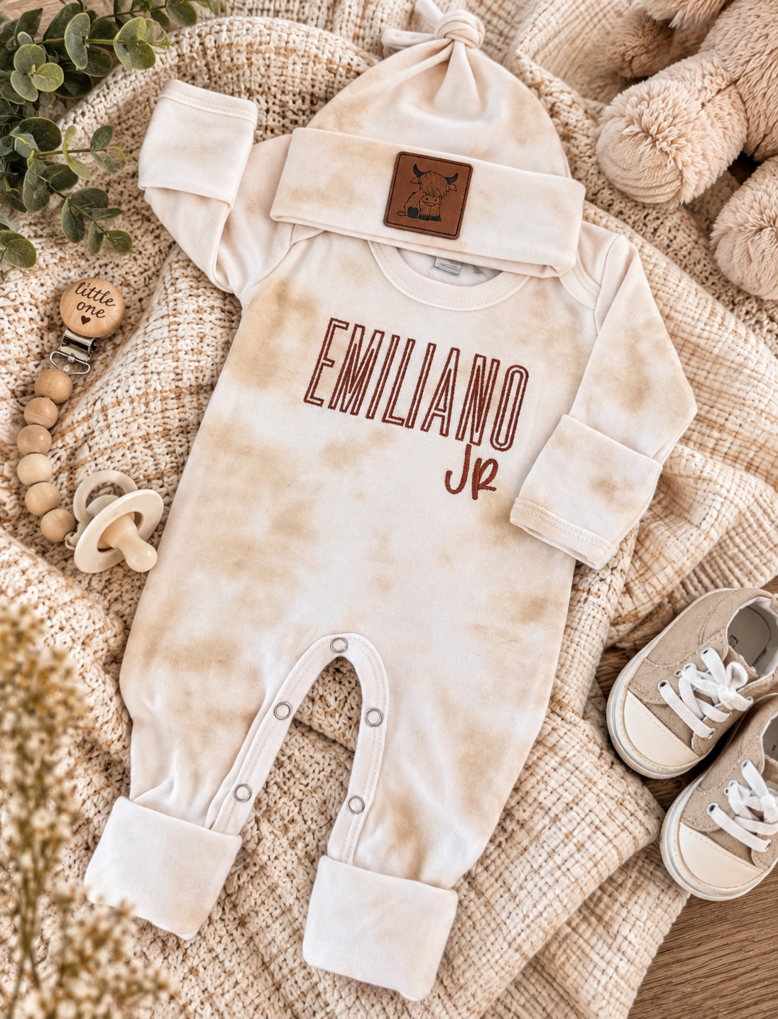 Personalized Latte Tie Dye Newborn Romper & Beanie