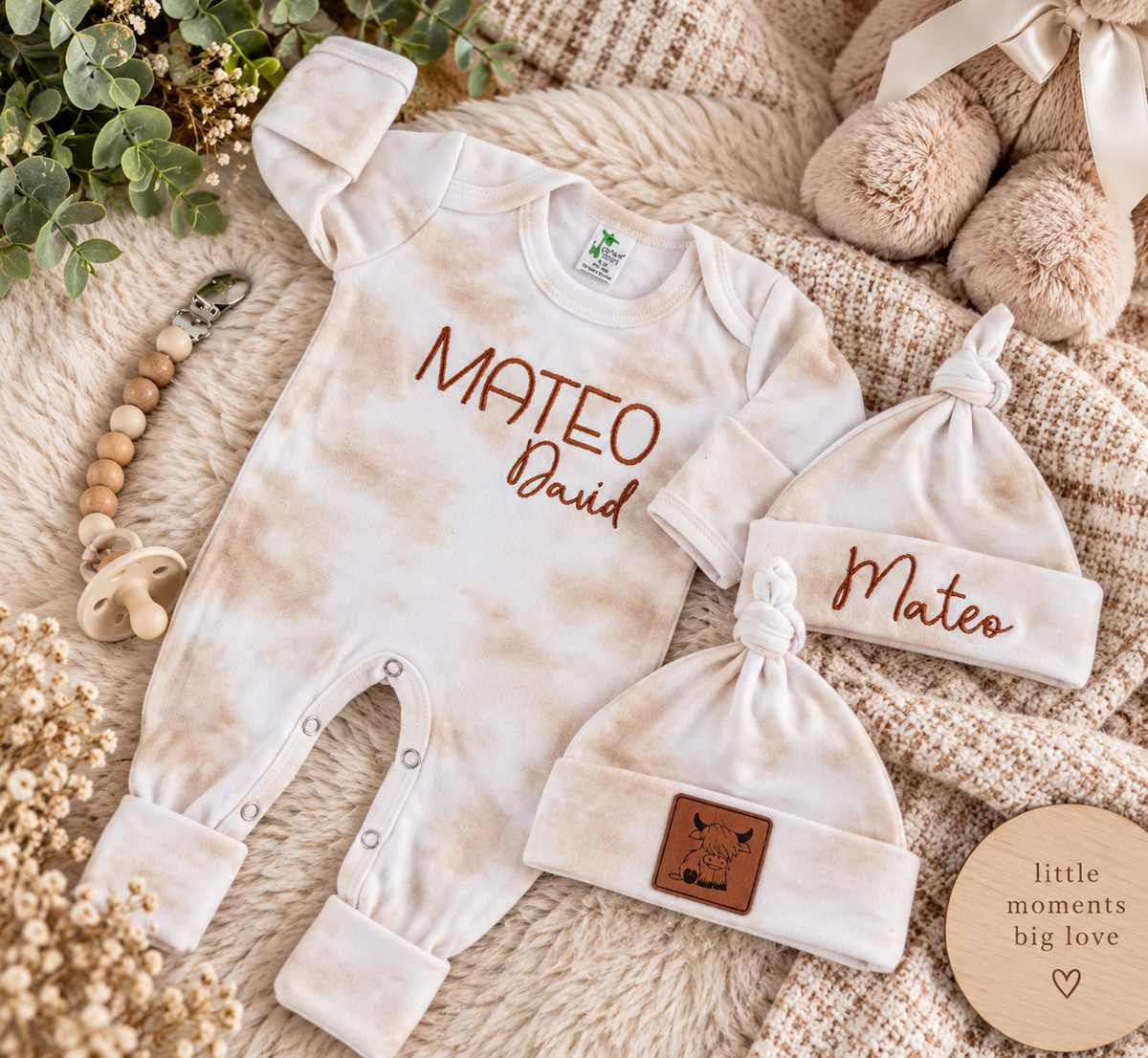 Personalized Latte Tie Dye Newborn Romper & Beanie
