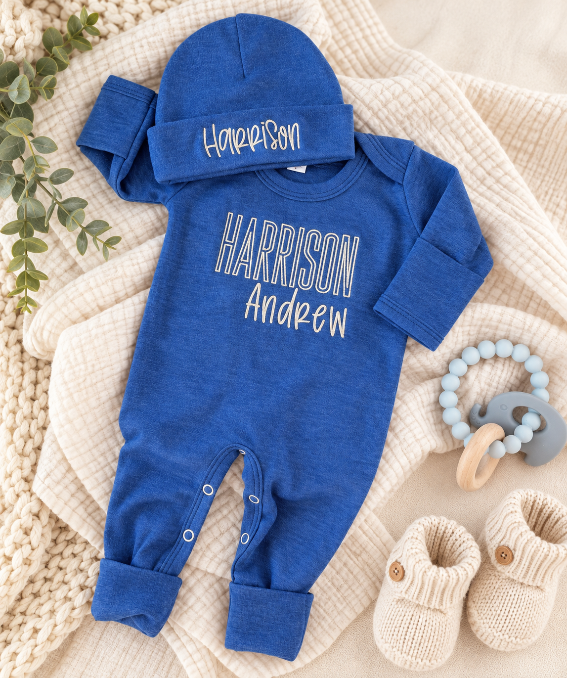 Personalized Denim Heather Blue Newborn Romper & Beanie