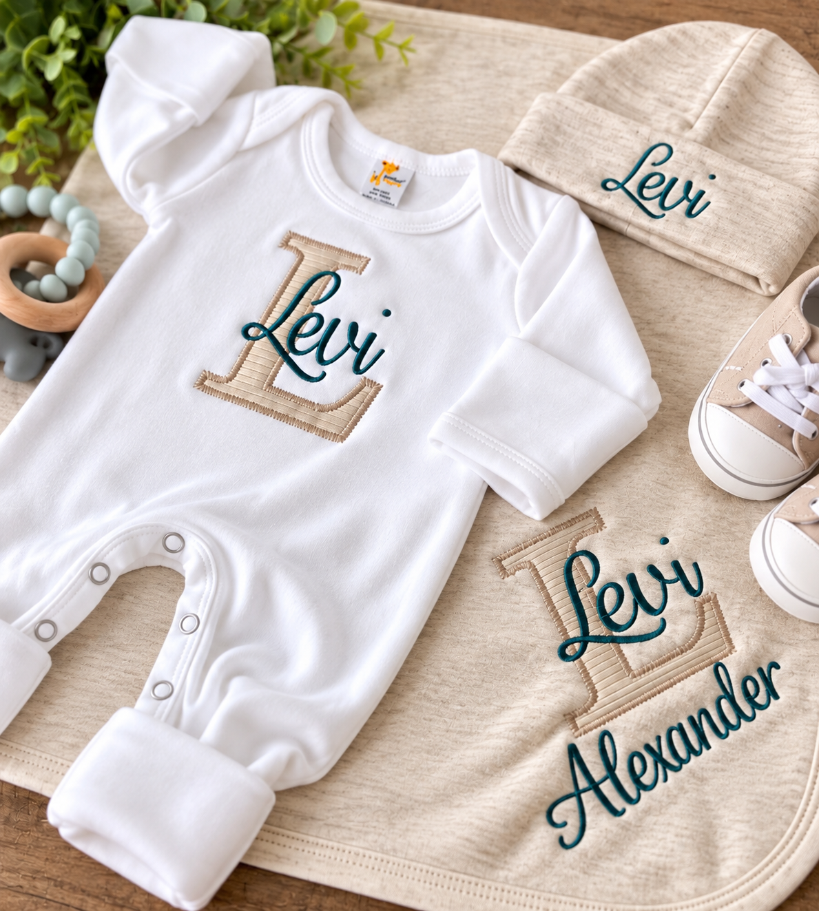 Personalized Newborn Romper, Hat & Blanket Set
